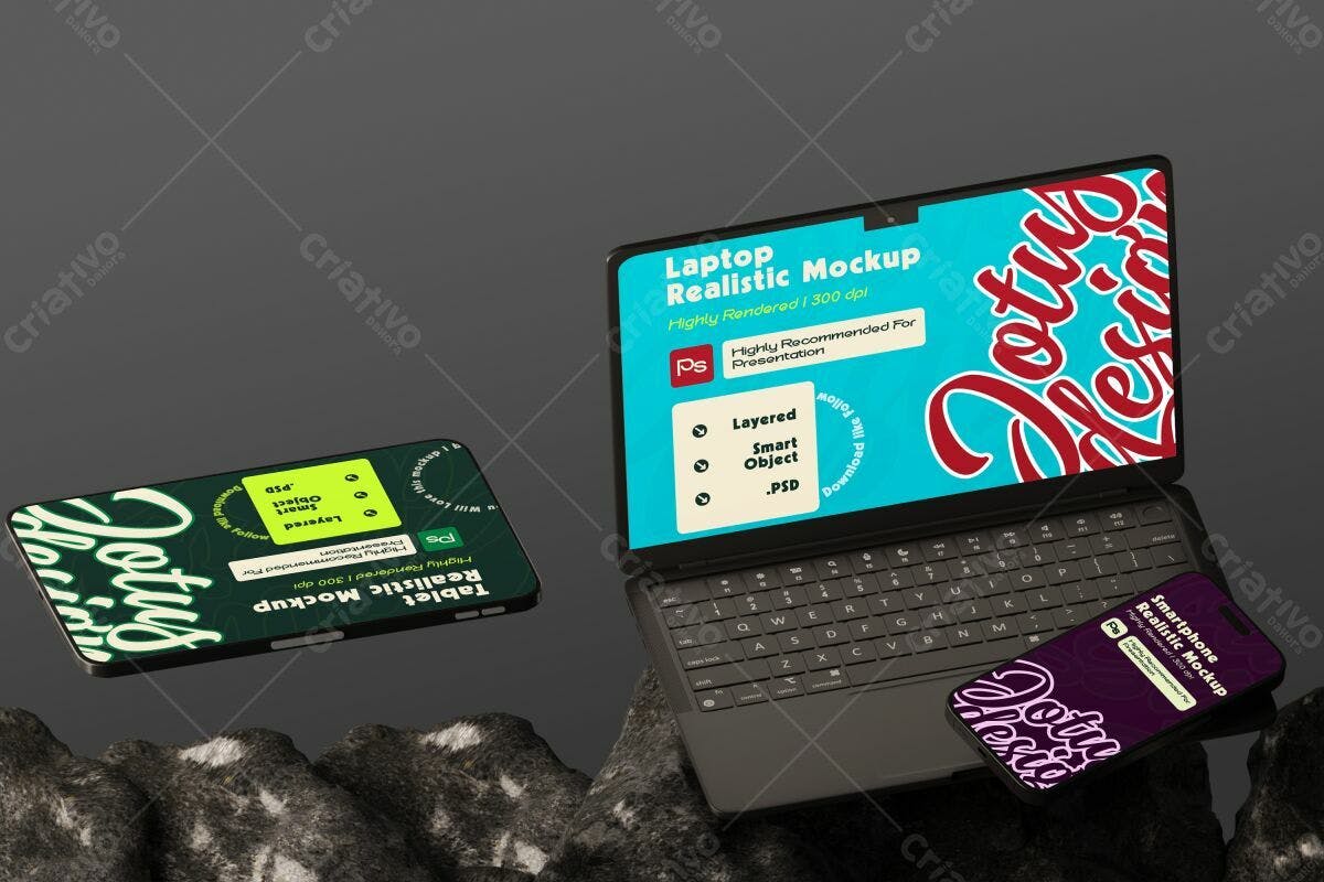 Mockup de Notebook, Tablet e Smartphone PSD Editável