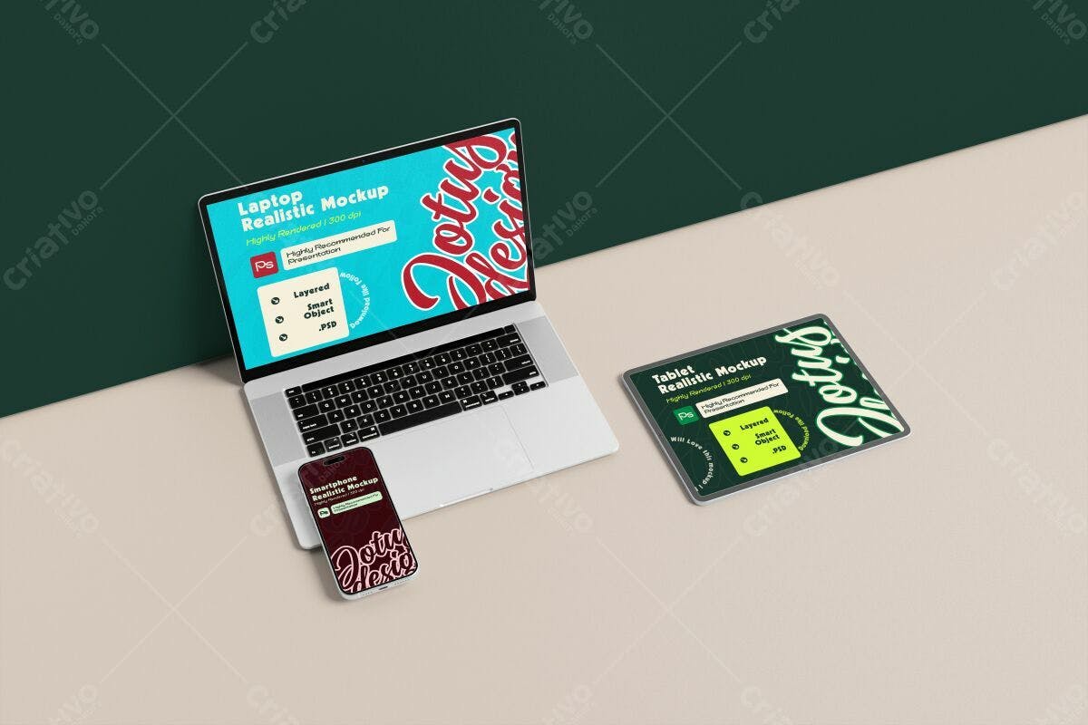 Mockup Notebook, Tablet e Smartphone PSD Editável