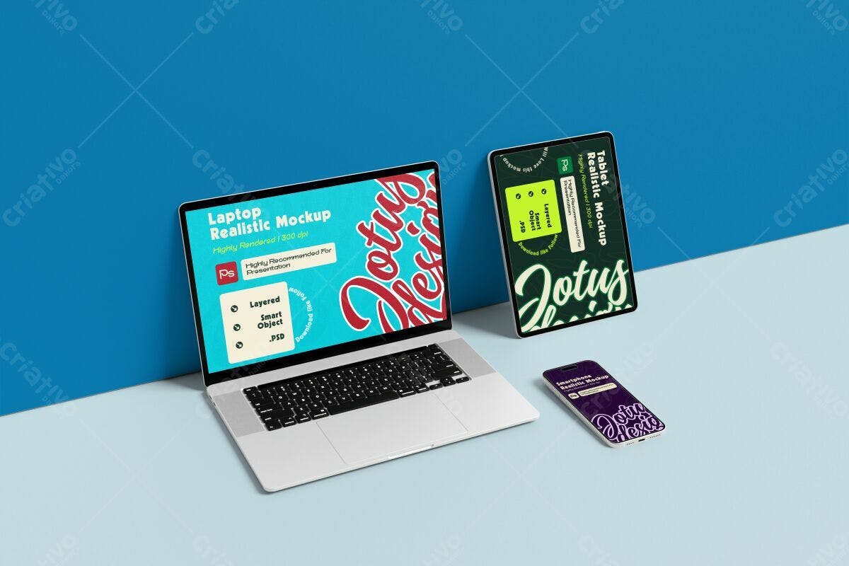 Mockup Notebook, Tablet e Celular PSD Editável