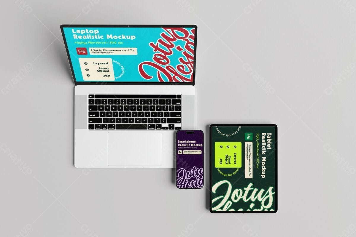 Mockup Notebook, Smartphone e Tablet PSD Editável