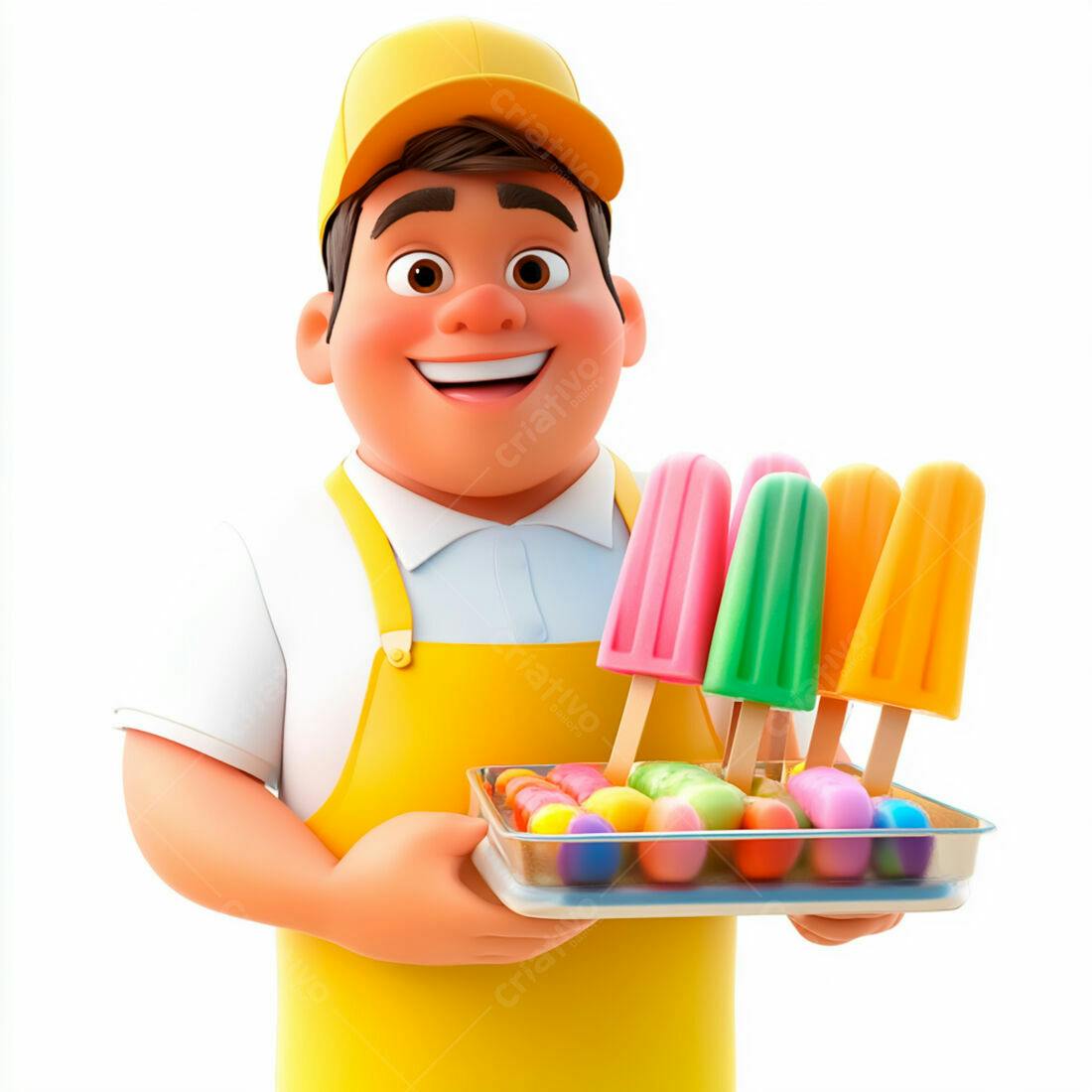 Vendedor sorrindo com picolés coloridos
