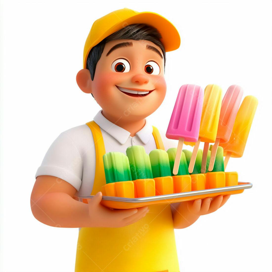 Vendedor sorrindo com picolés coloridos