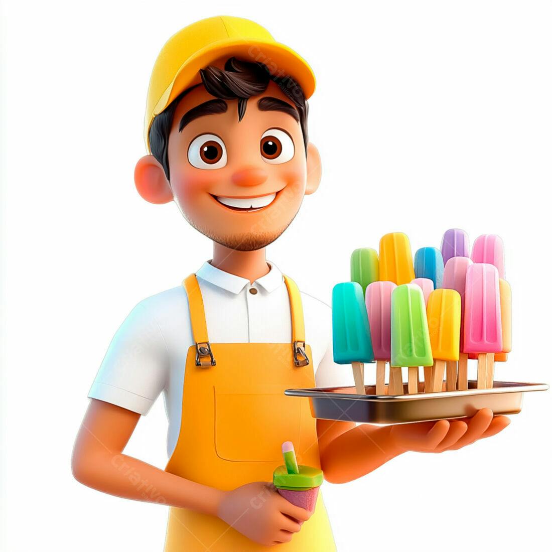 Vendedor sorrindo com picolés coloridos