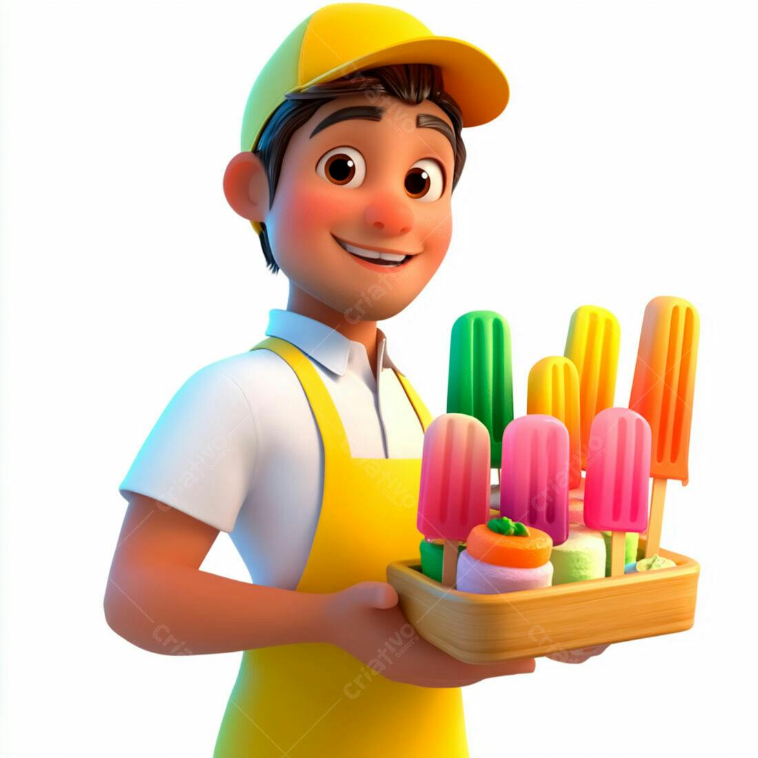 Vendedor sorrindo com picolés coloridos