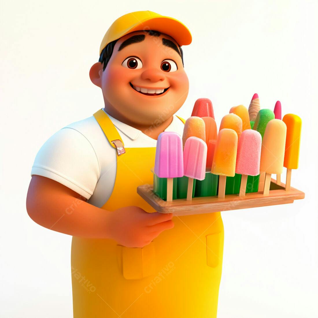 Vendedor sorrindo com picolés coloridos