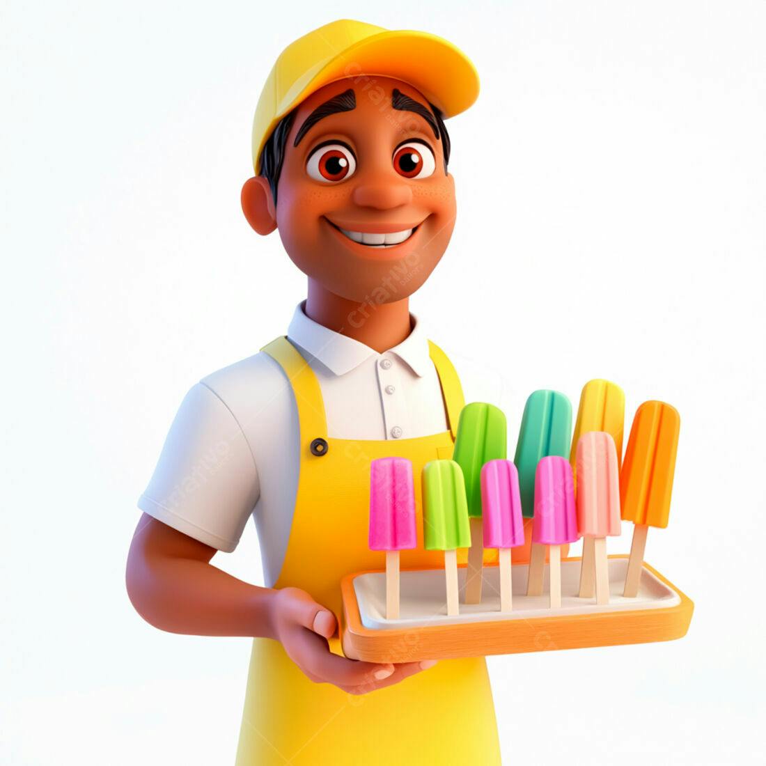 Vendedor sorrindo com picolés coloridos