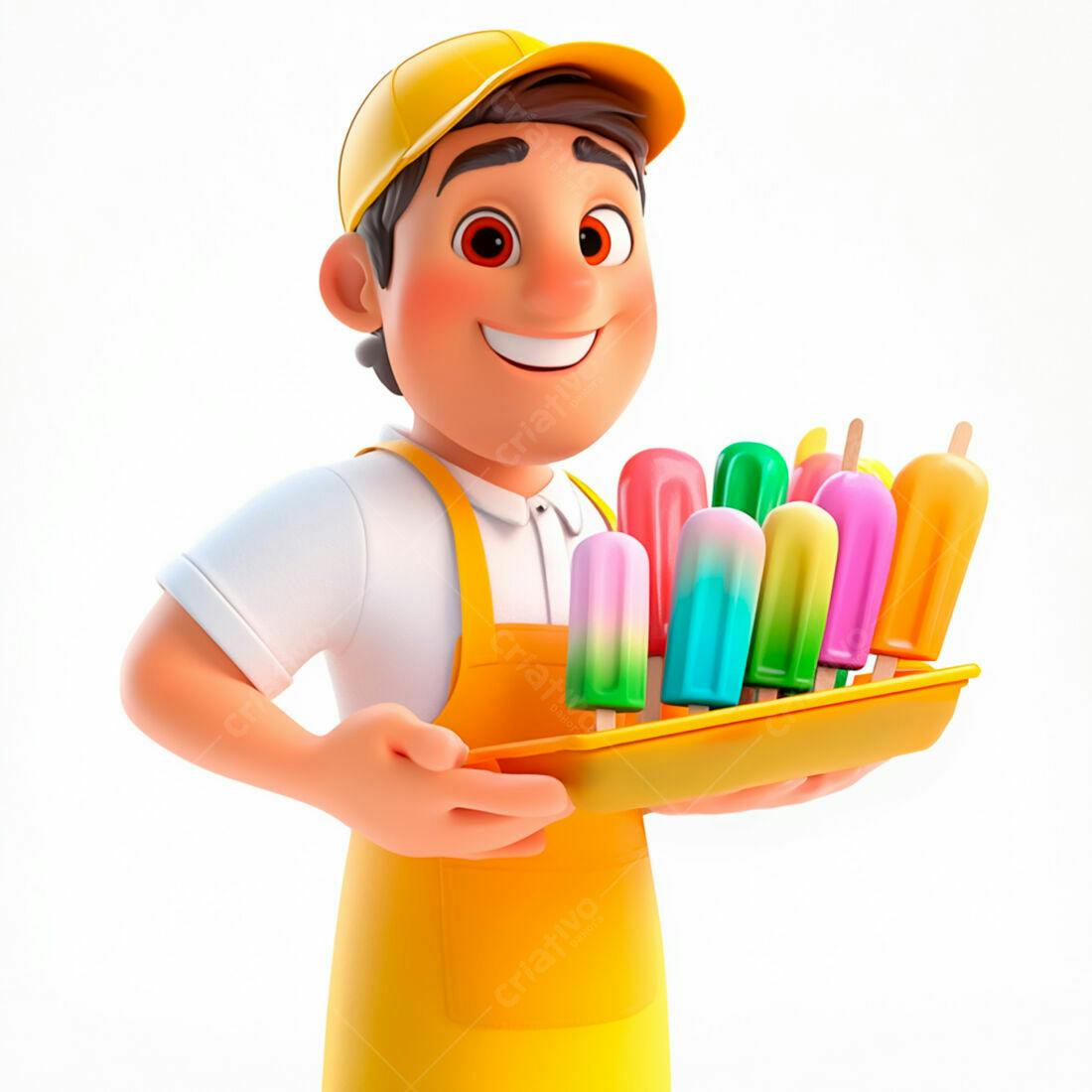 Vendedor sorrindo com bandeja de picolés coloridos