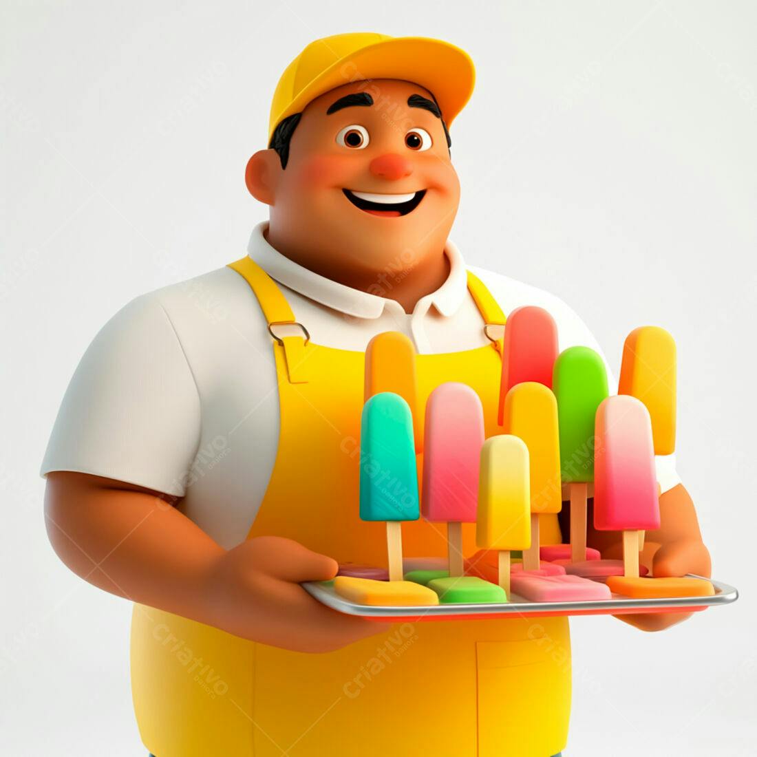 Vendedor sorrindo com picolés coloridos
