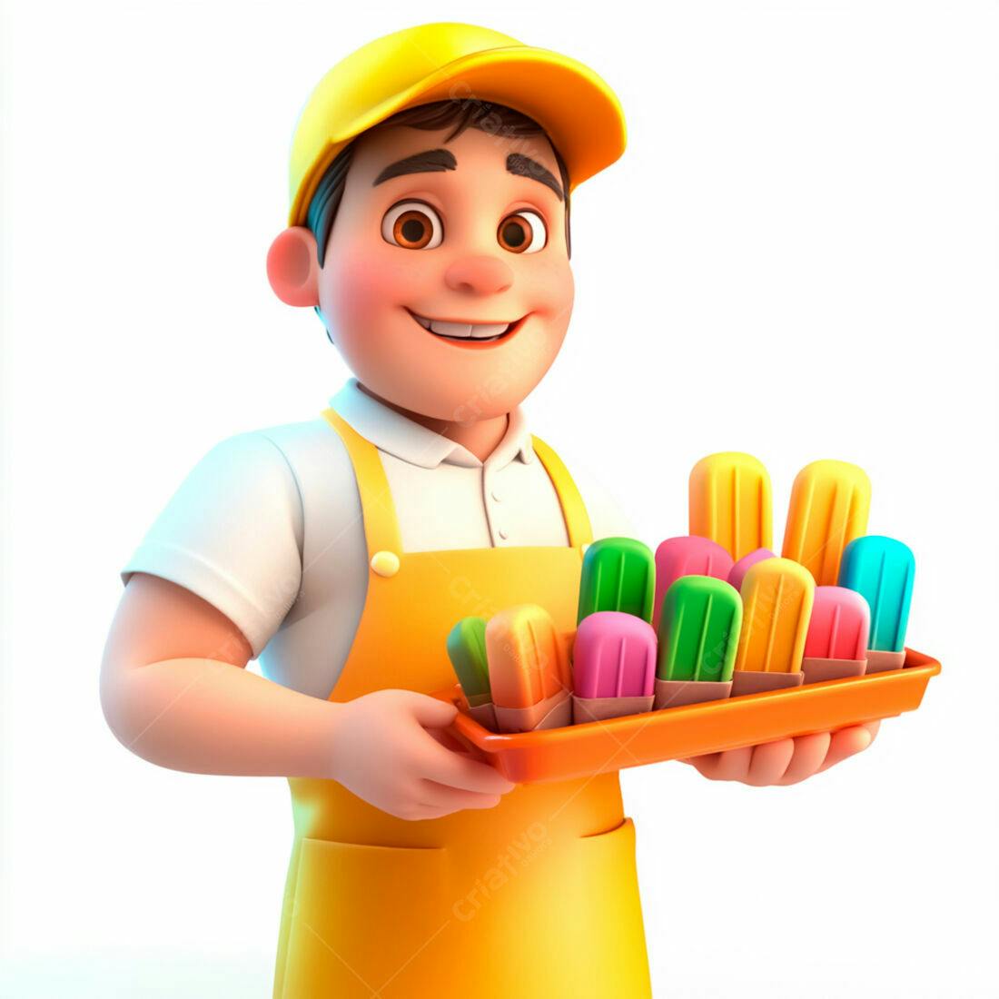 Vendedor sorrindo com picolés coloridos