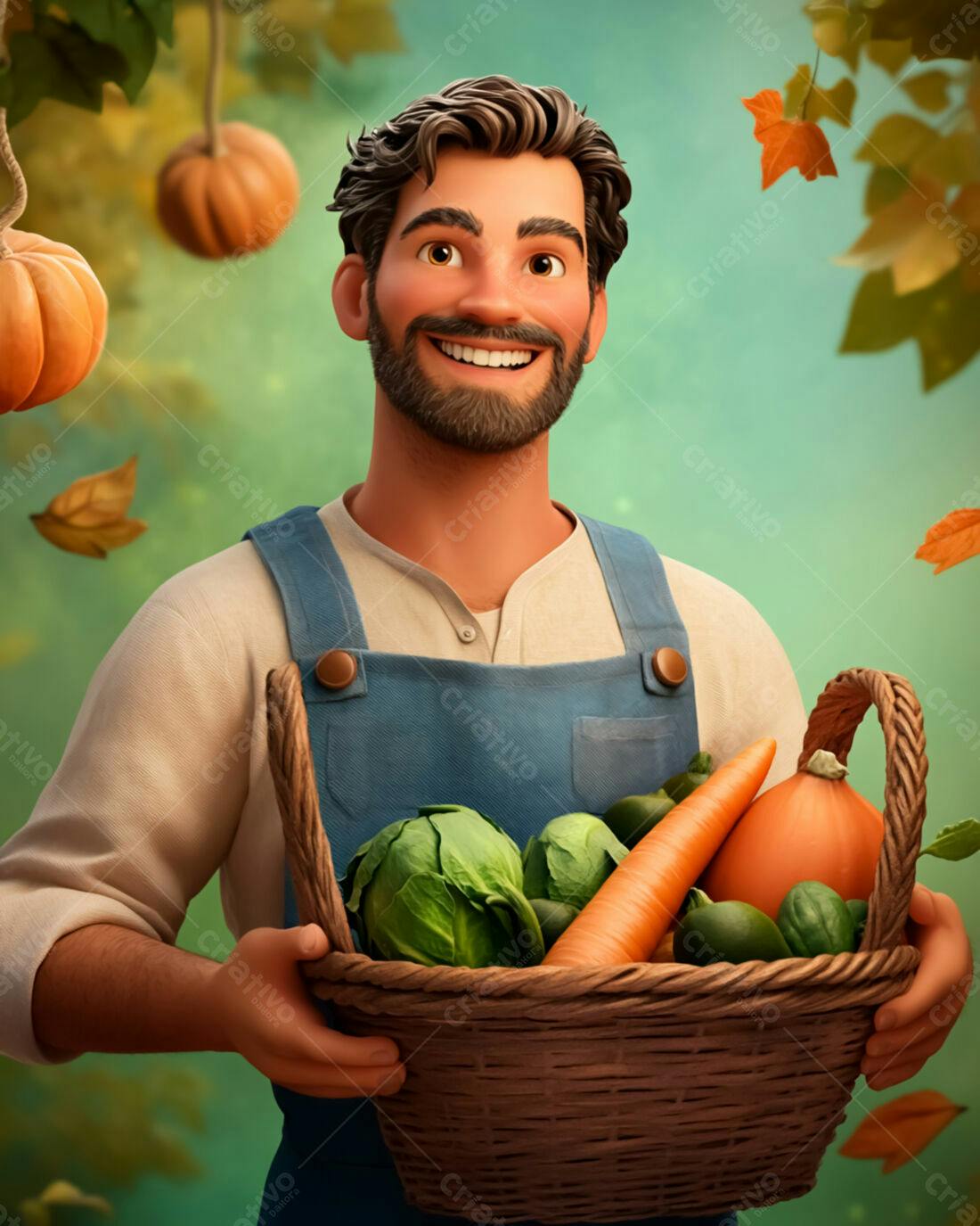 Fazendeiro feliz com cesta de legumes
