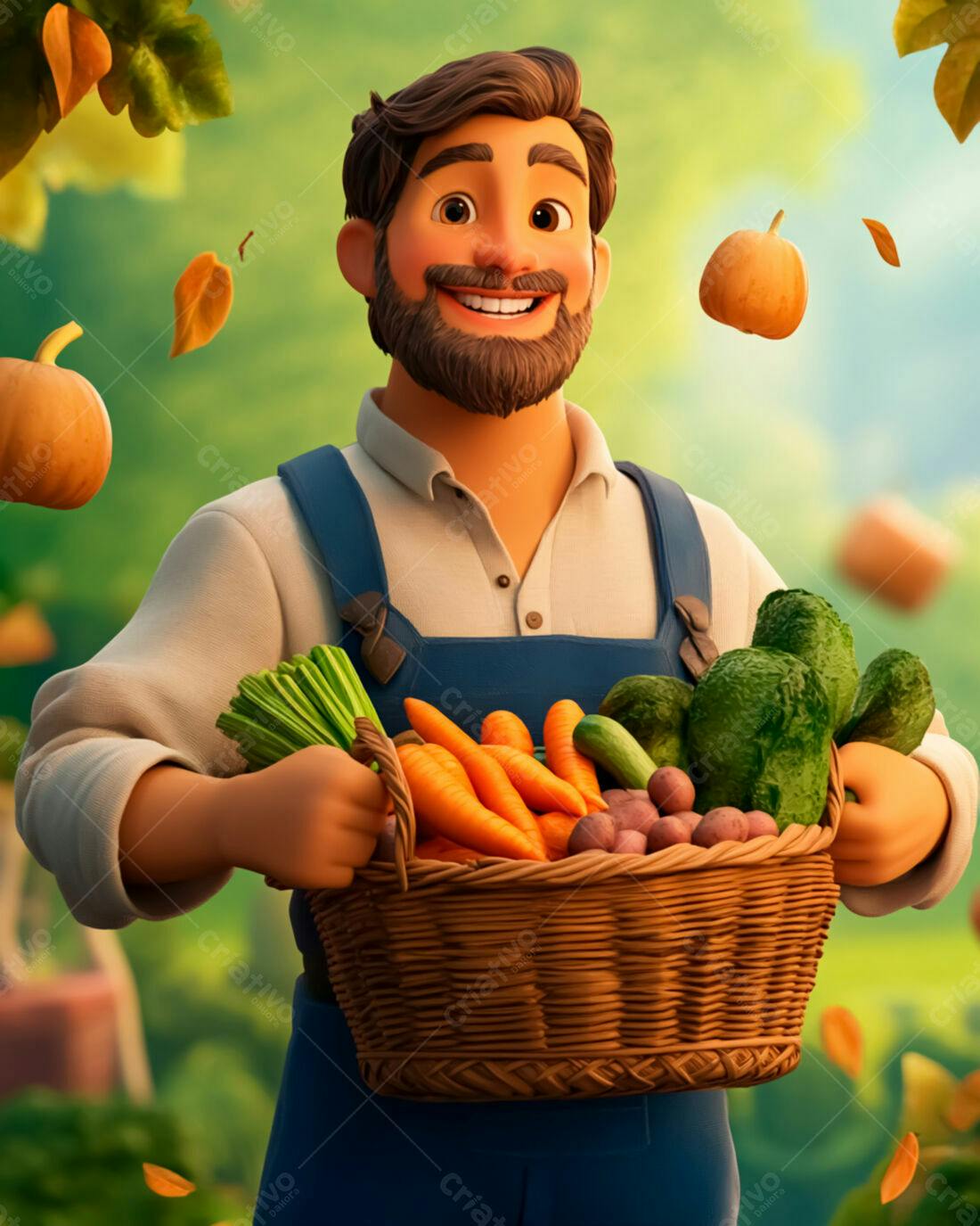 Fazendeiro feliz com cesta de legumes no outono