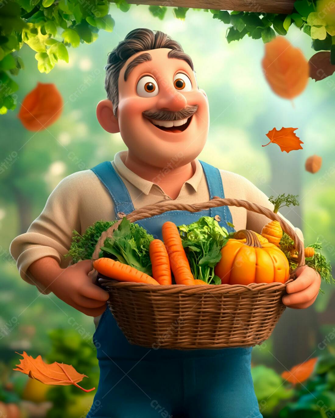 Fazendeiro feliz com cesta de legumes