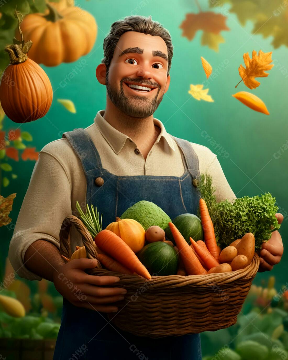 Fazendeiro feliz com cesta de legumes no outono