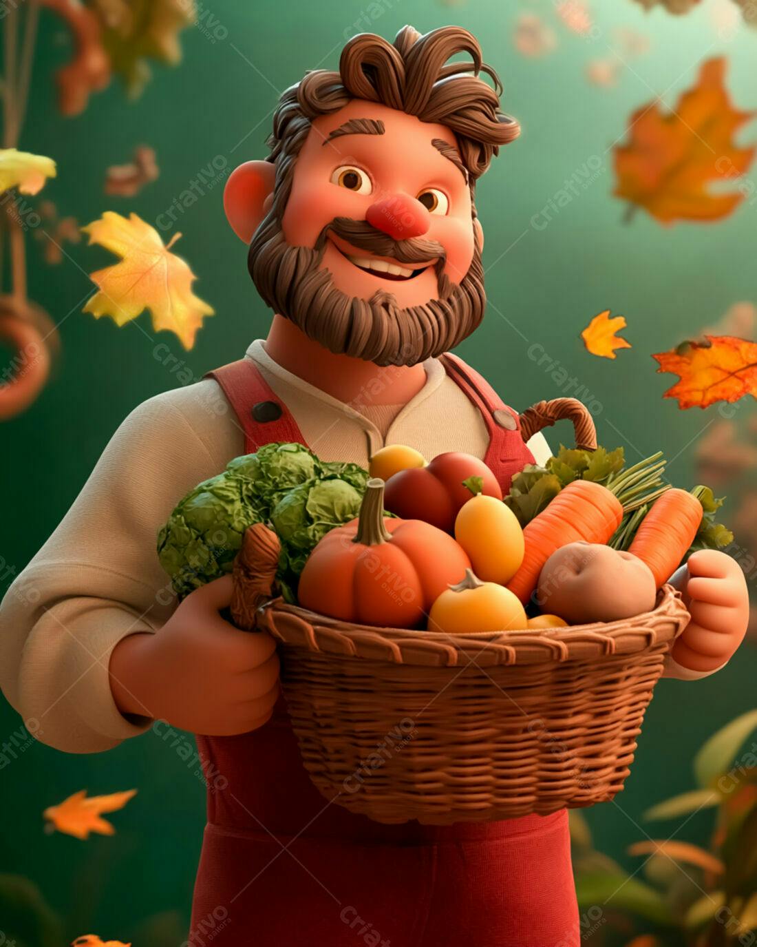 Fazendeiro feliz com cesta de legumes outono