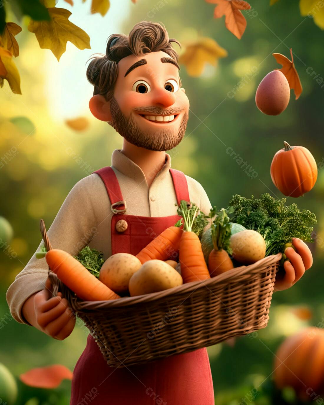 Fazendeiro feliz com cesta de legumes no outono
