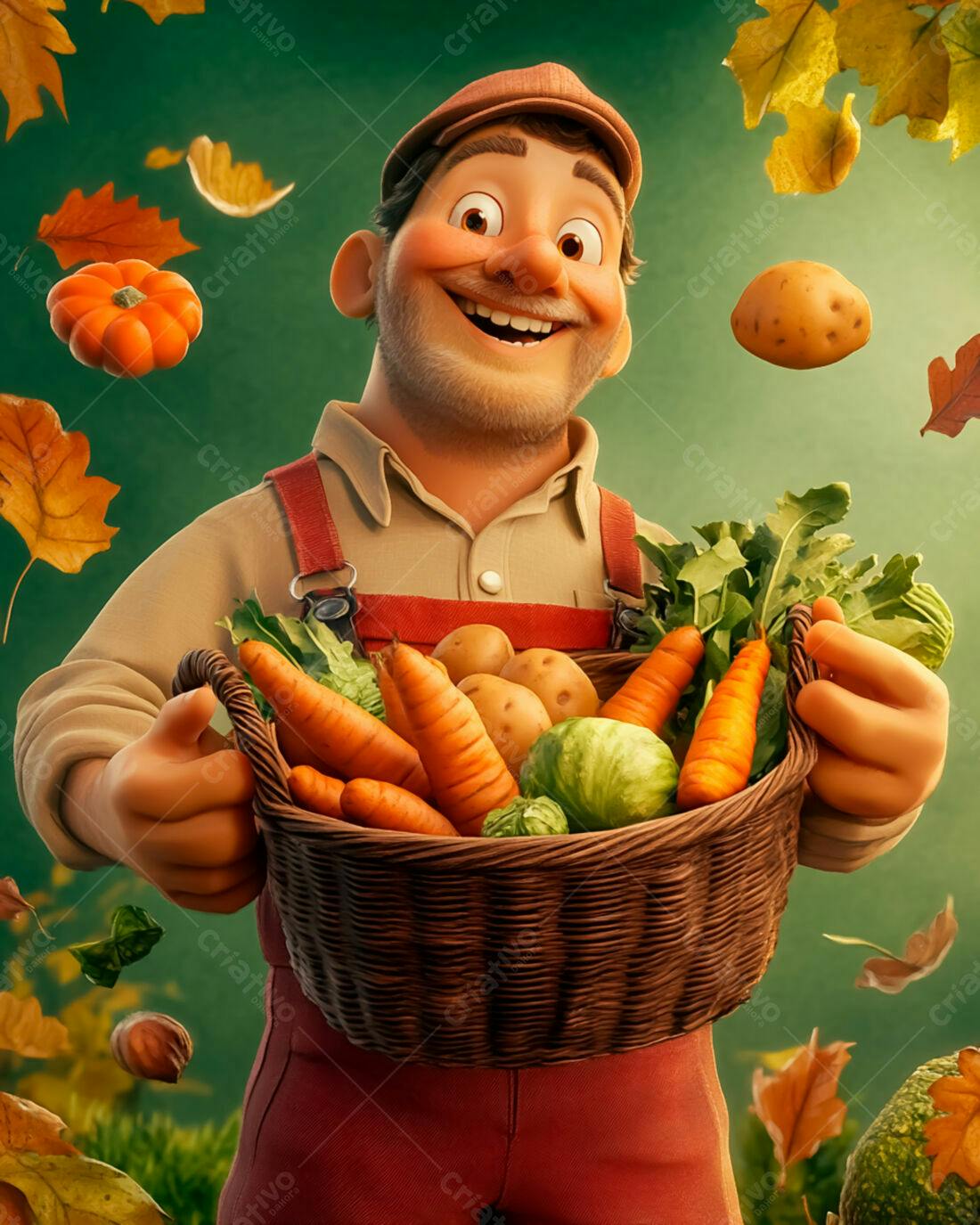 Fazendeiro feliz com cesta de legumes no outono