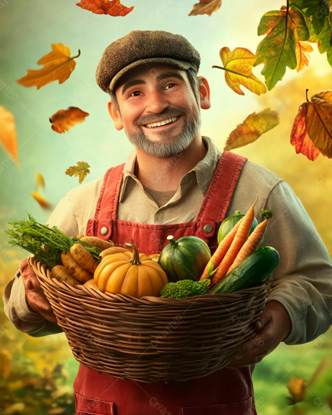 Fazendeiro feliz com cesta de legumes no outono