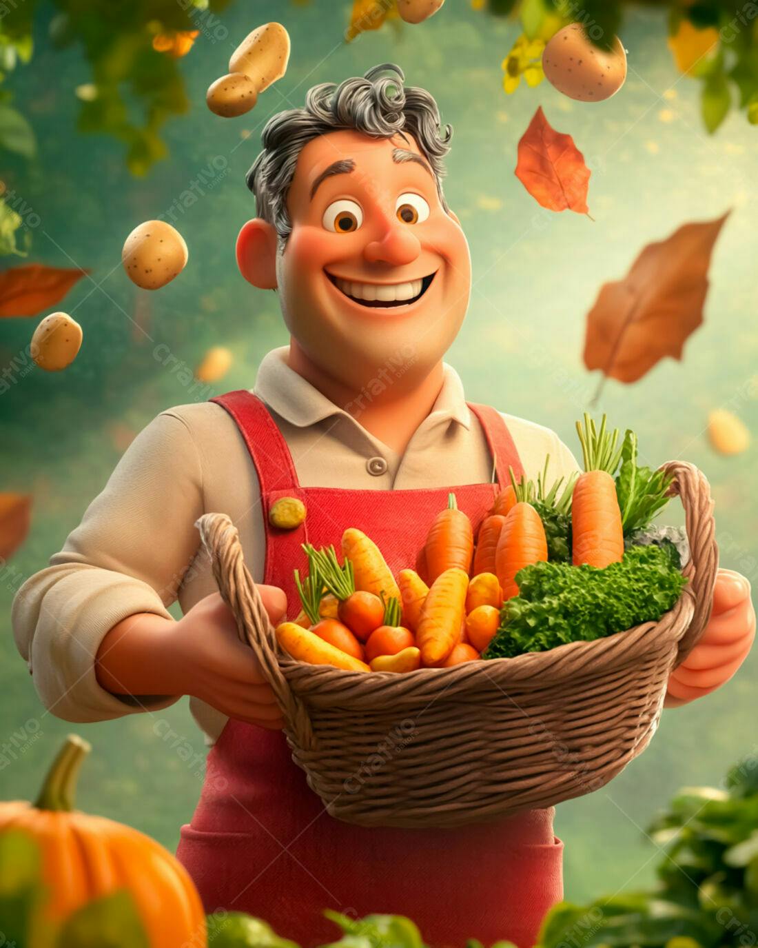 Fazendeiro feliz com cesta de legumes