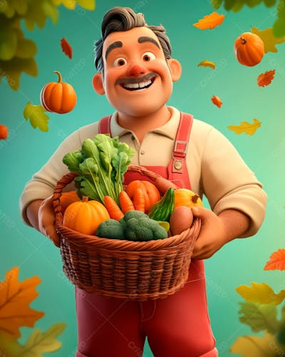 Agricultor 3D Segurando Uma Cesta Cheia De Vegetais
