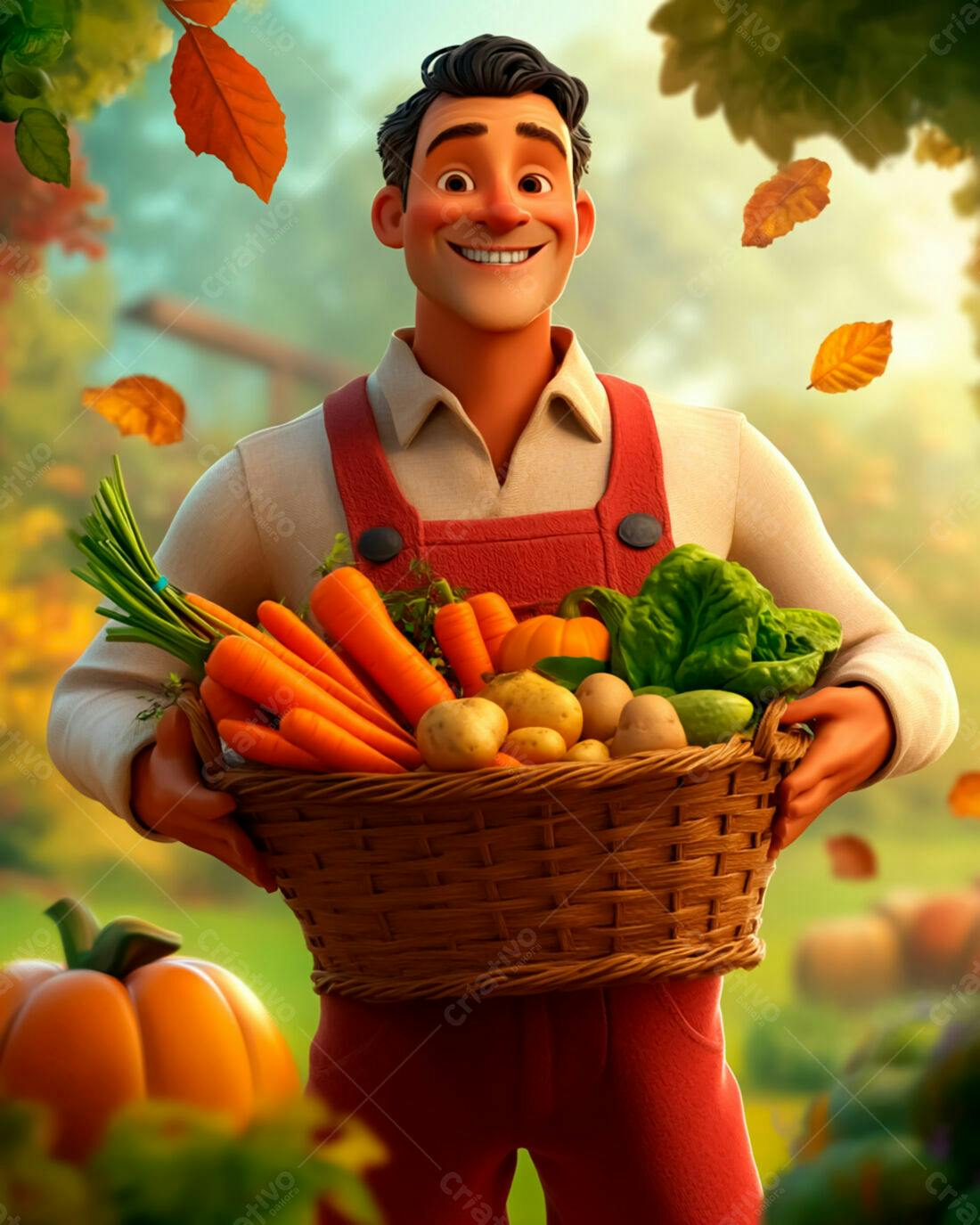 Fazendeiro feliz com cesta de legumes no outono