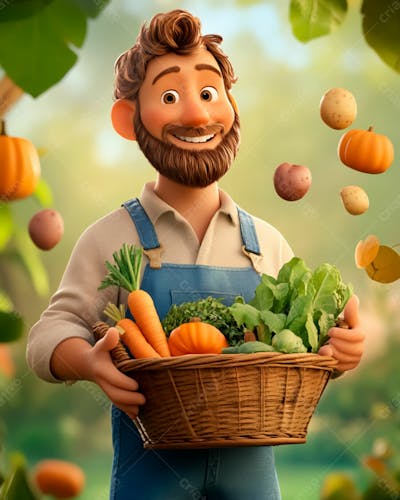 Agricultor 3D Segurando Uma Cesta Cheia De Vegetais