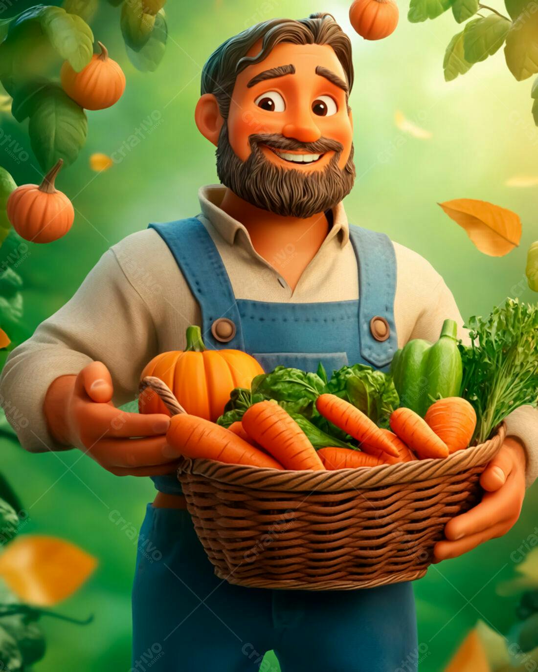 Fazendeiro feliz com cesta de legumes