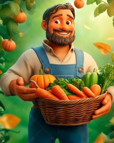 Agricultor 3D Segurando Uma Cesta Cheia De Vegetais
