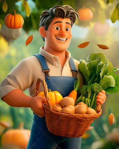 Agricultor 3D Segurando Uma Cesta Cheia De Vegetais