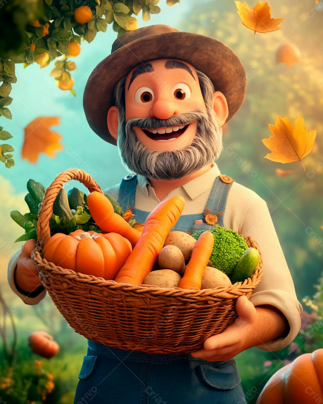 Fazendeiro feliz com cesta de legumes no outono