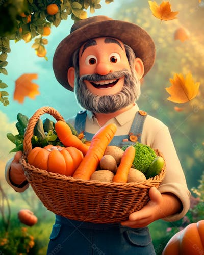 Agricultor 3D Segurando Uma Cesta Cheia De Vegetais