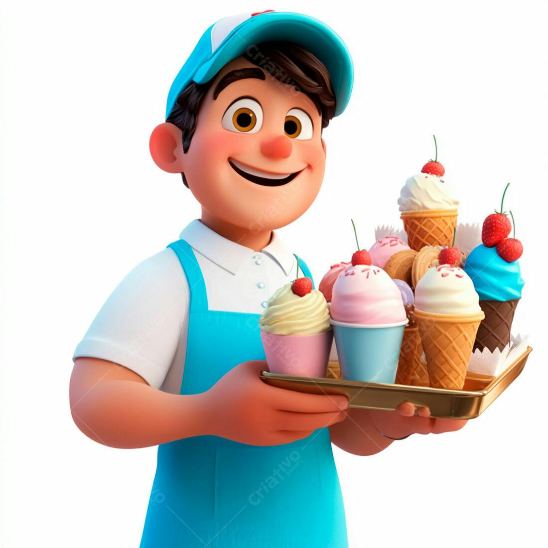 Vendedor sorrindo com bandeja de doces coloridos