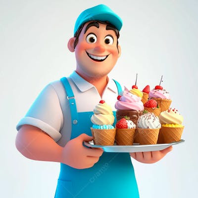 Vendedor De Sorvete Com Uma Bandeja Com Sorvete E Uniforme Azul