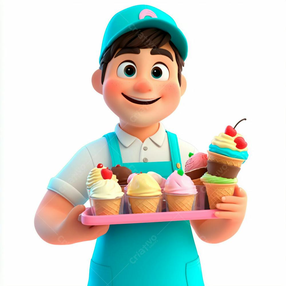 Vendedor De Sorvete Com Uma Bandeja Com Sorvete E Uniforme Azul