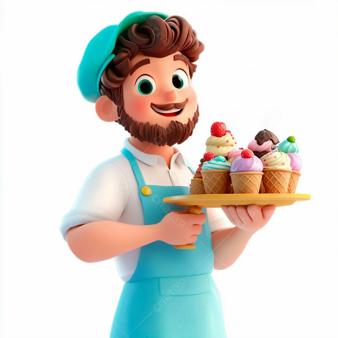 Doceiro alegre com bandeja de doces coloridos