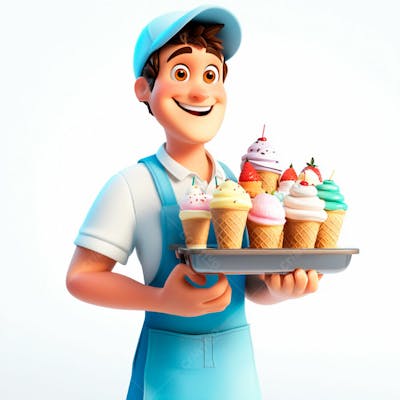 Vendedor De Sorvete Com Uma Bandeja Com Sorvete E Uniforme Azul