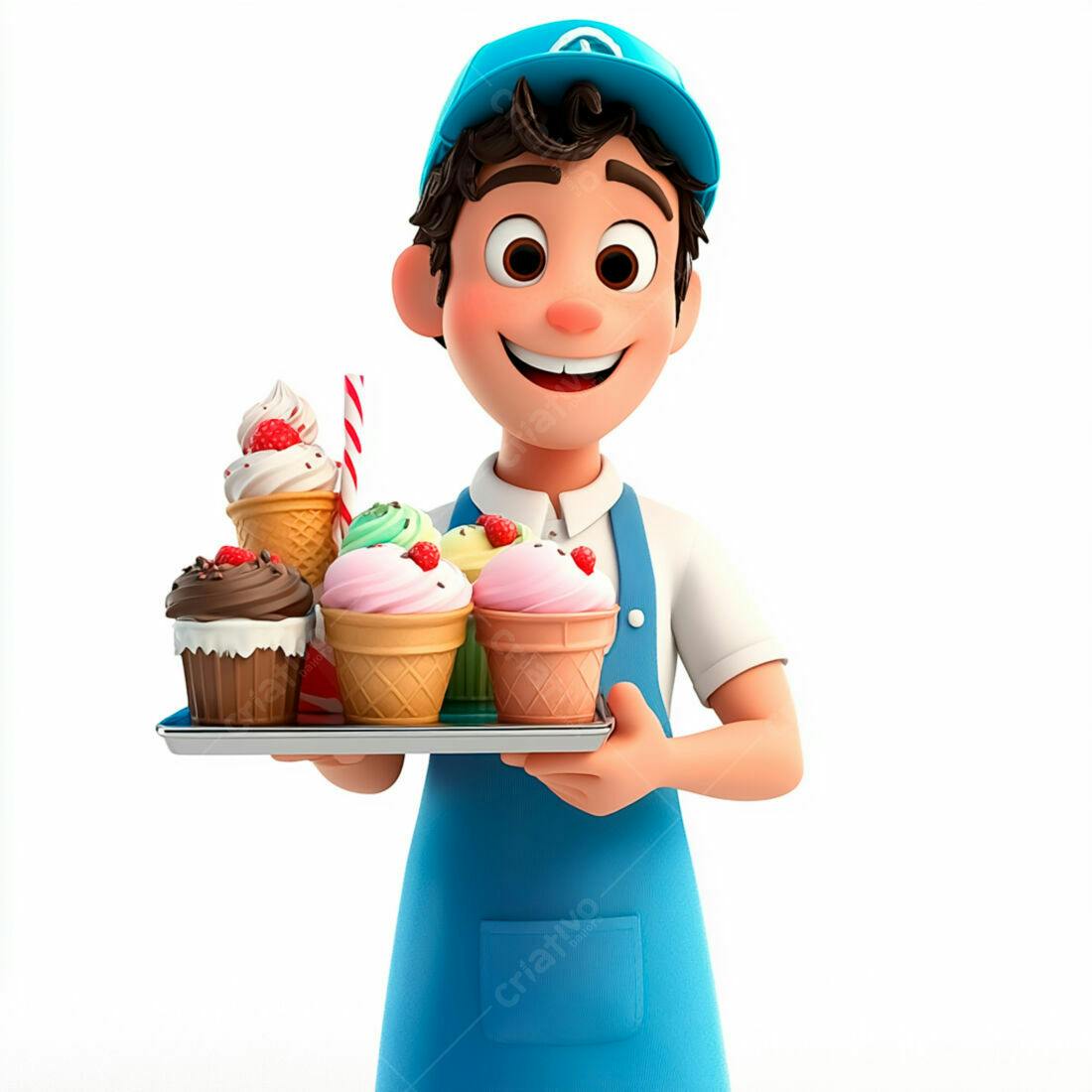 Vendedor sorridente com bandeja de doces coloridos