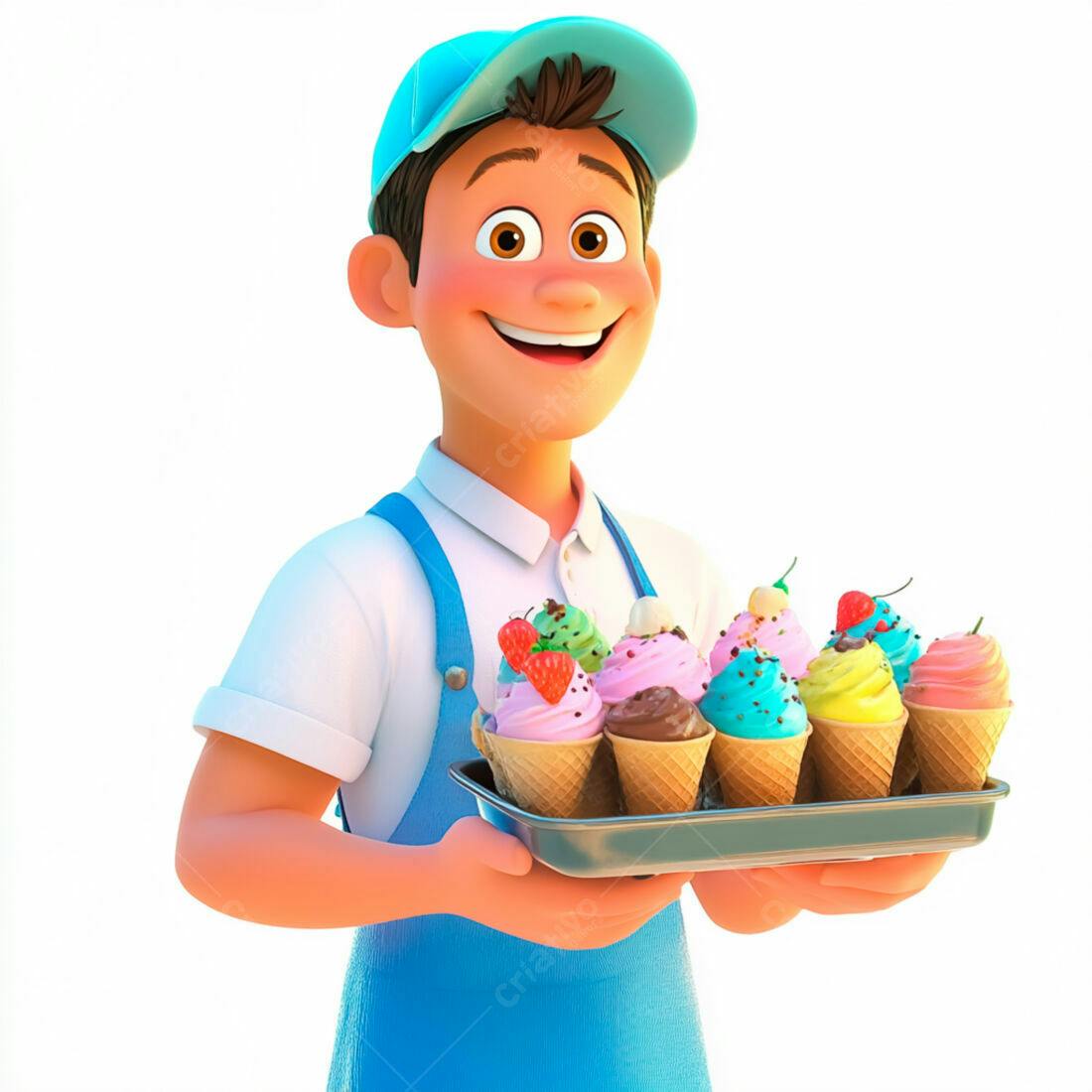 Vendedor sorridente com bandeja de sorvetes coloridos