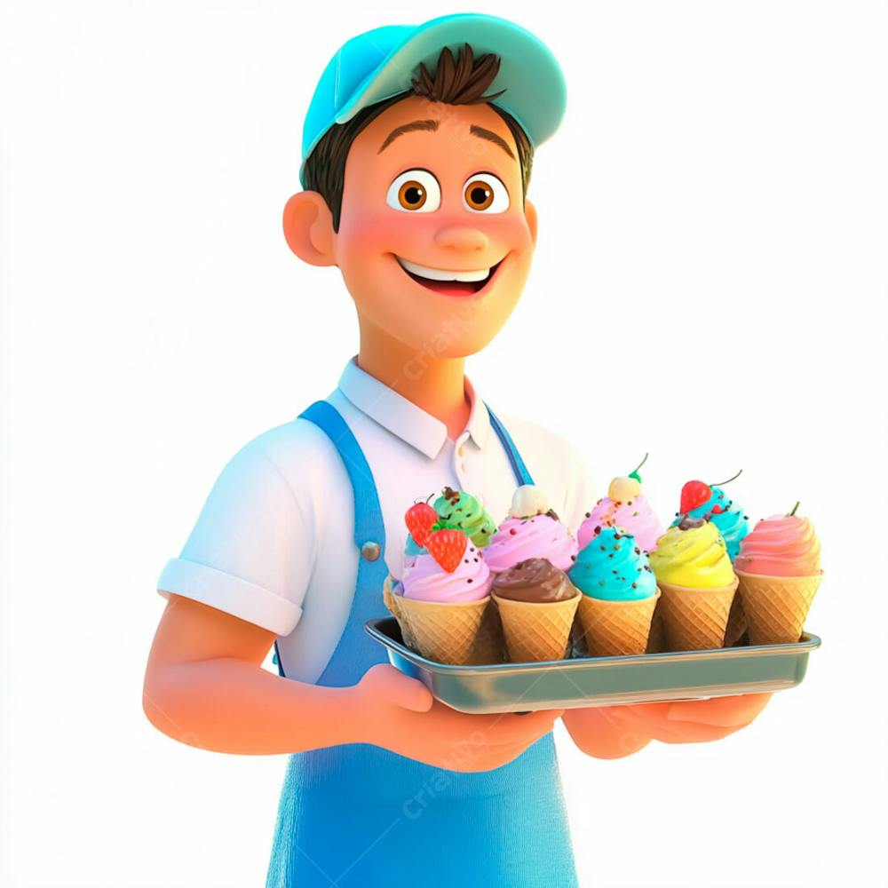 Vendedor De Sorvete Com Uma Bandeja Com Sorvete E Uniforme Azul