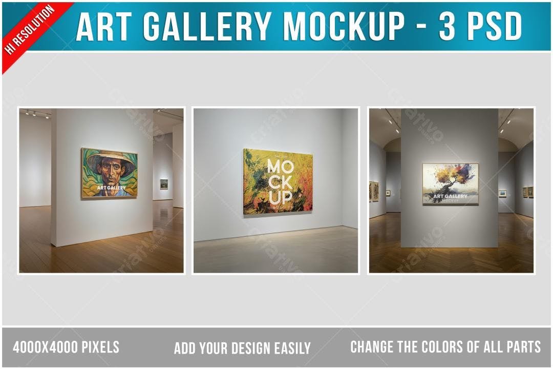 Mockup de Arte em Galeria Moderna: 3 Cenários