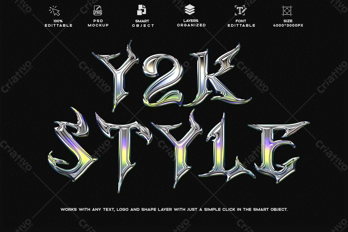Kit de Texto Y2K Estilo Metálico PSD Editável