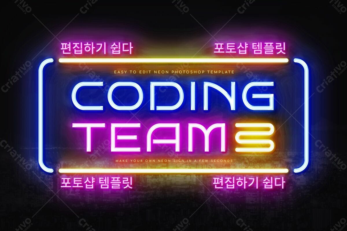 Modelo de Neon Sign Coding Teams PSD Editável