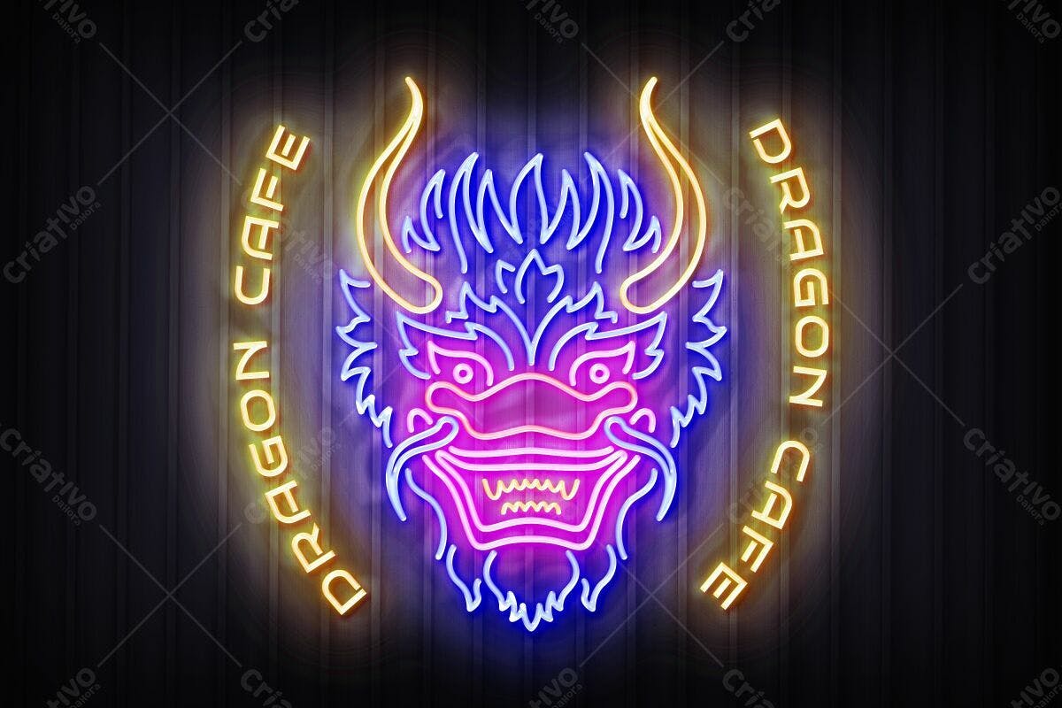 Logo Neon Dragão para Café PSD Editável