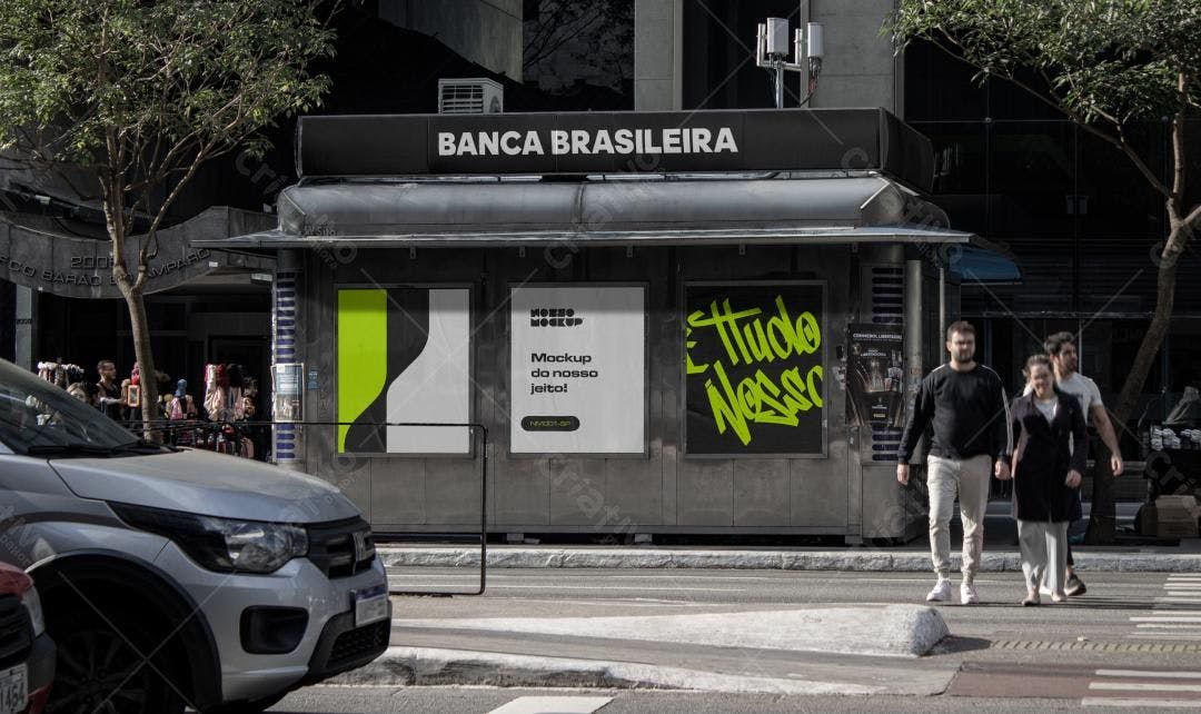 Mockup Realista de Outdoor em Banca de Jornal - Preto, Verde e Grafite