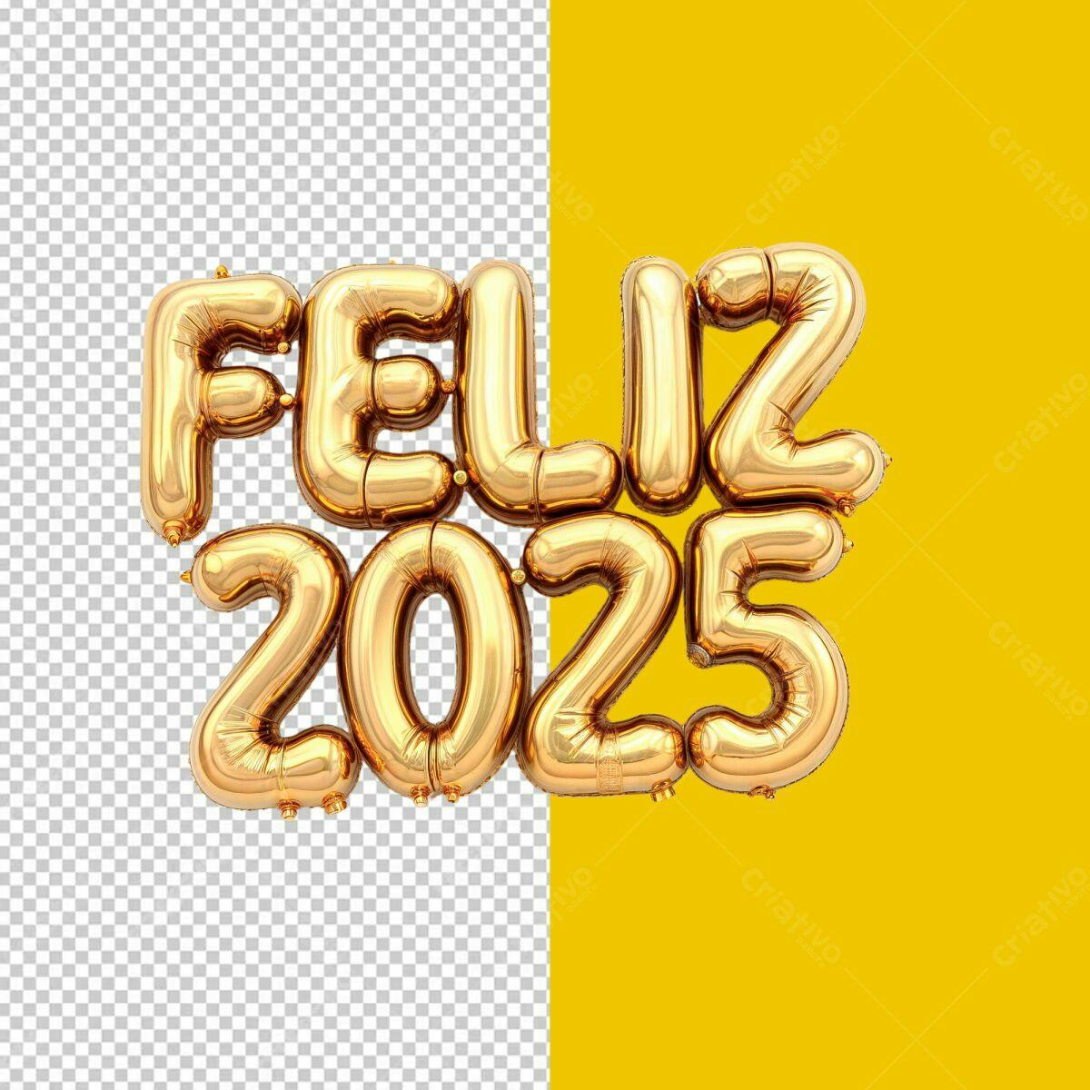 Feliz 2025 Balões Dourados PSD Editável
