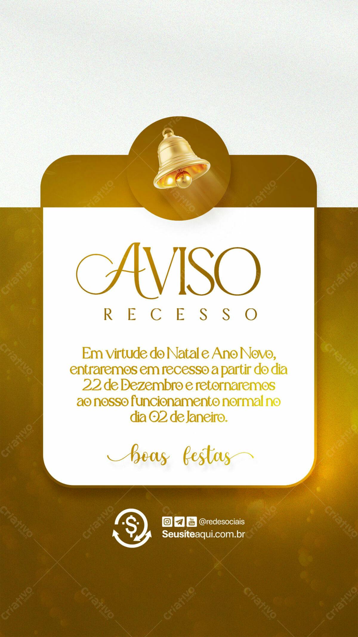 Aviso Recesso Natal e Ano Novo PSD Editável