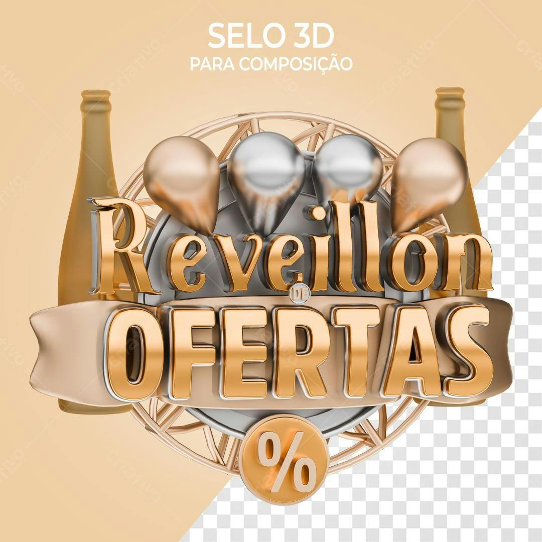 Selo 3D promocional dourado e prata para Reveillon