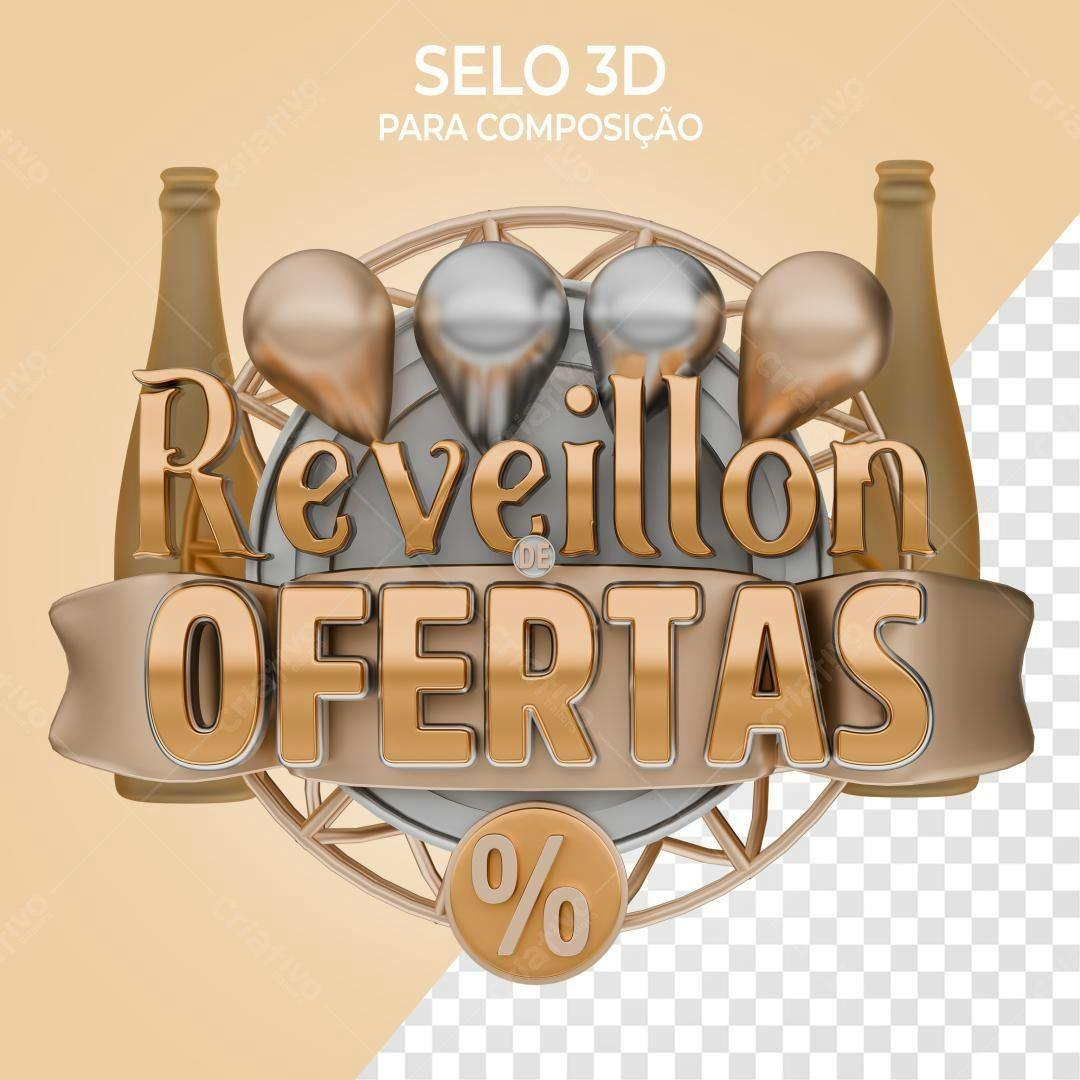 Selo 3D promocional dourado e prata Réveillon