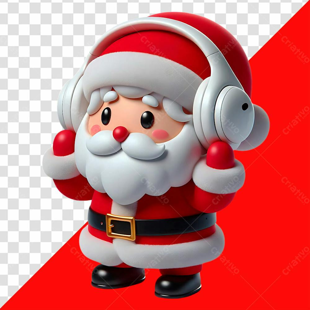 Personagem 3D Papai Noel Ouvindo Musica Em Um Fone De Ouvido Para O Natal