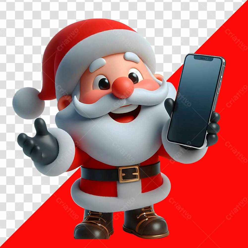 Personagem 3D Papai Noel Segurando Um Celular Com A Tela Preta Para O Natal