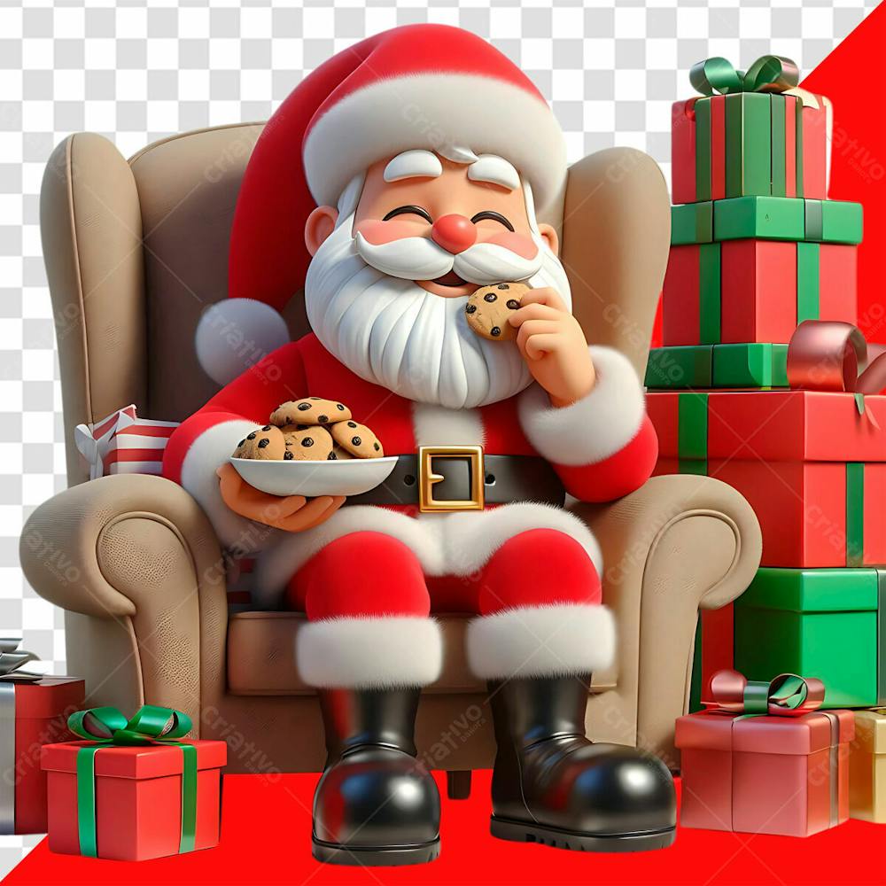 Personagem 3D Papai Noel Comendo Cookies Sentado Em Sua Poltrona Para O Natal